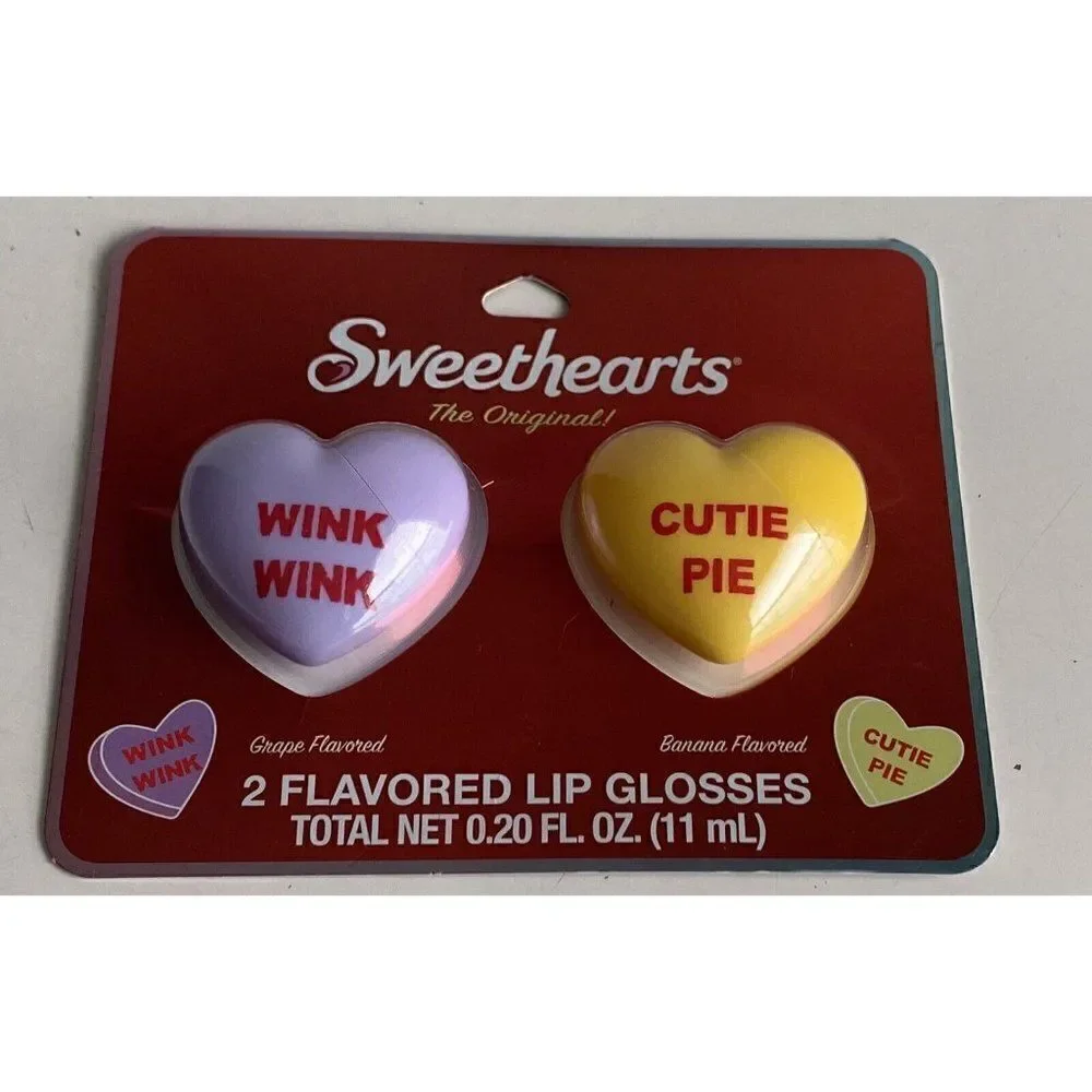 2 Pack Sweethearts Valentines Flavored Lip Gloss Heart Shaped Banana Grape NEW